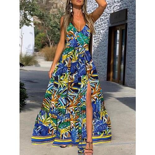 Sheinset Y2K Sexy Tropical Print High Slit White Maxi Evening Beach Party Women Floral Dress