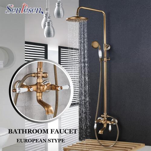 Senlesen Bathroom Shower Faucet Antique Brass W/ Hand Shower Dual Handle Wall Mount Mixer Tap 8" Rainfall head Para Bathroom