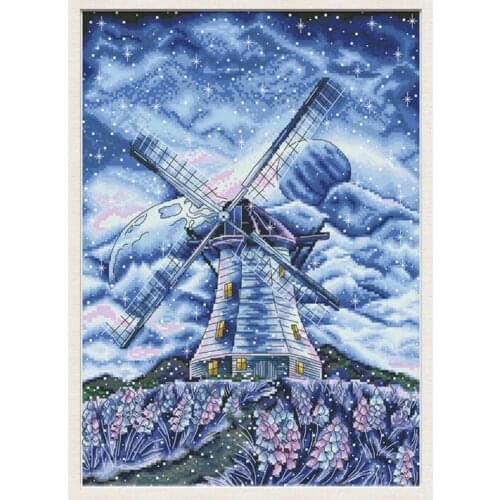 Windmill Under The Stars Stamped Cross Stitch Patterns Embroidery Kits Printed Fabric 11CT 14CT DIY Handmade Home Decor Painting