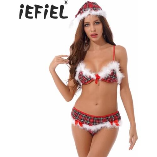 Women Plaid Sexy Santa Lingerie Set Lady Christmas Red Velvet Fluffy Costumes Bikini Sets Halter Bra with G-String Thong Hat Cap