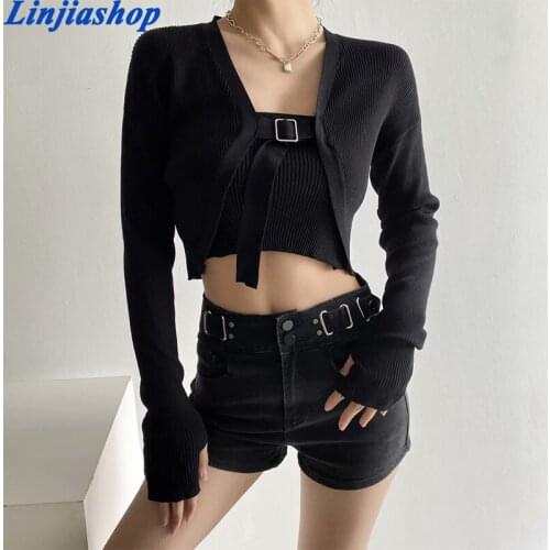 Women fashion Knit cardigan Coat Tube top 2 Piece Set Breast wrap Wear Mujer long sleeve Knitwear short Outerwear tops Suit