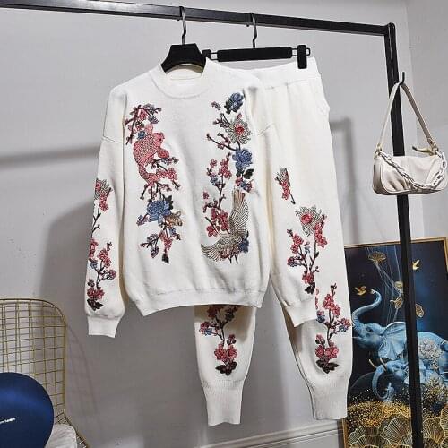 Autumn High Quality Embroidery Women Sweater Suit + Little Feet Pants Casual 2 Two Piece Set Ladies Tracksuit knitted Sets H1076