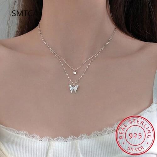 925 Sterling Silver Shiny Butterfly Necklace for Women Double Layer Clavicle Shiny Chain Necklace Jewelry Collares Choker Kolye