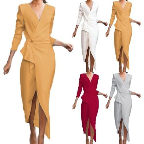 Women Fashion Graceful Front Twist Drape Formal Dress Solid Color V Neck Wrap Front Split Midi Dress Dating