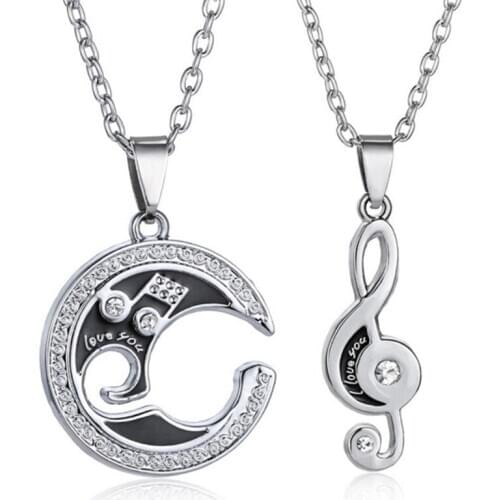 2Pcs/Set Fashion Silver Color Moon Musical Note Pendant Necklace Popular Couple Necklace Lovers Gifts Jewelry