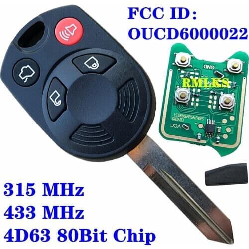 4 Button Uncut Remote FO38R Head Key Keyless Entry Combo Fob 315MHz 433MHz 4D63 80Bit ID83 Chip Fit For Ford FCC:OUCD6000022