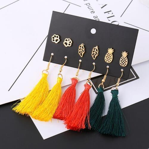 6 Pairs/Set Fashion 3 Color Long Tassel Earrings Set For Women Cute Gold Metal Leaf Cat Claw Small Earring Girls Jewelry Gifts