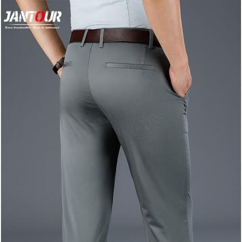 High Quality Mens Straight-fit Casual Pants Spring New Business Straight Stretch Light Grey Khaki Black Trousers Male Size 42
