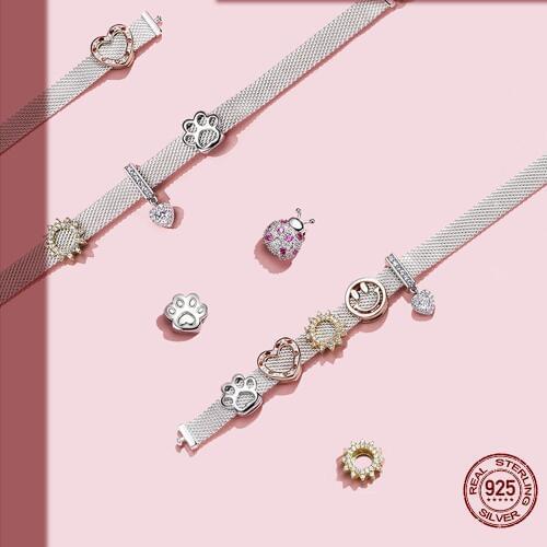 Beads BISAER 925 Sterling Silver Beads Sunflower Footprints Ladybug Heart Beads Charms fit DIY Bracelets Silver 925 Jewelry