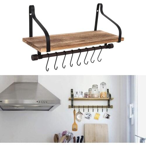 Rustic Floating Wooden Shelves Rack 8 Detachable Kitchen Hooks