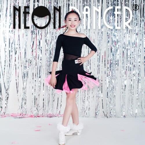 Child Latin Dance Dress Black Pink Tassel Tango Split Skirt Practice Girls Ballroom Professional Clothes Performance Constumes