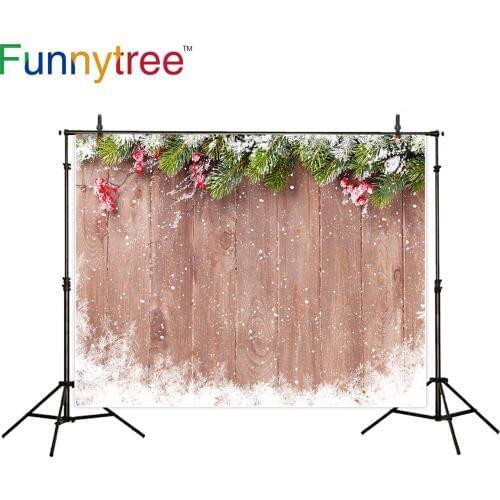 Funnytree photography backdrops Christmas ornaments snow decoreted wood wallfir flake frame frost holiday ice background studio