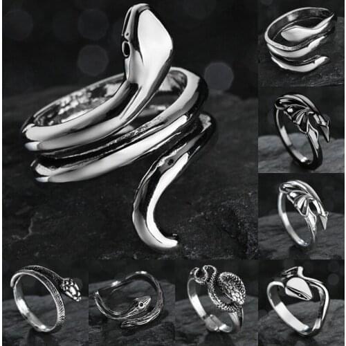 Snake Rings Gothic for Women Men Black Silvery Vintage Ring Resizable Unisex Punk Opensize Halloween Party Jewelry Accessories