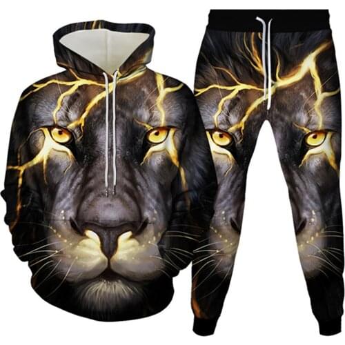Men Fashion 2 Pieces Sets Women Animal Lightning Lion Head Printed Outfits Spring Autumn Suits Female Hoodies+Trousers Tracksuit