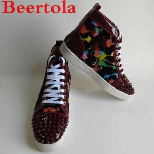 Wine Red Patent Leather Casual Mens Shoes Flats Sneakers Men High Top Graffiti Colors Hip Hop Style Leisure Hot Sell Chaussures