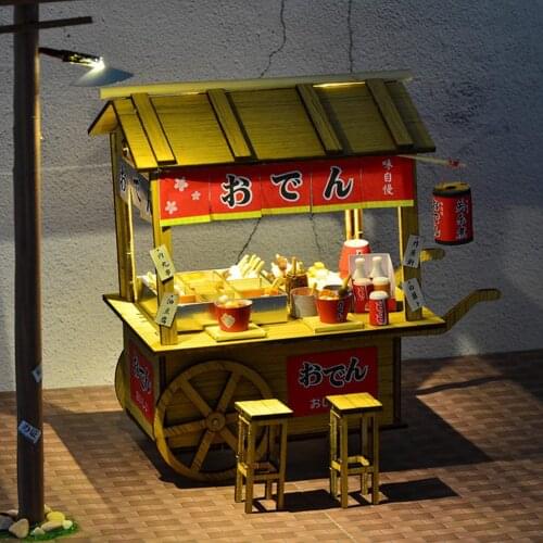 DIY Dollhouse Wooden Doll Houses Miniature Street Stall Japanese Oden Furniture Food Ornaments Kit With Led For Children Gift