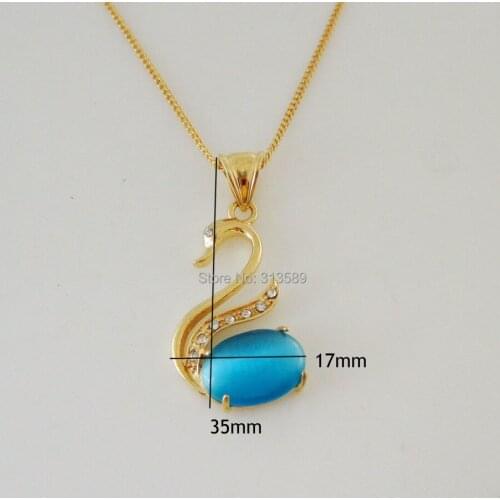 Min Order 10$/- YELLOW GOLD GP 18.5" NECKLACE & SWAN BLUE CAT EYE CZ STONE PENDANT/Great Gift/ Money Maker