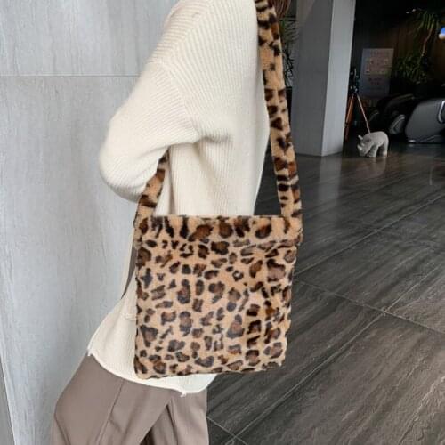 Fashion Leopard Print Crossbody Bags for Women Autumn Winter Plush Soft Shoulder Messenger Handbag Bag Fluffy