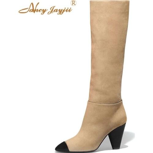 Winter womens knee high boots women pointed toe square heel short plush solid flocking zipper shoes women work simple2019