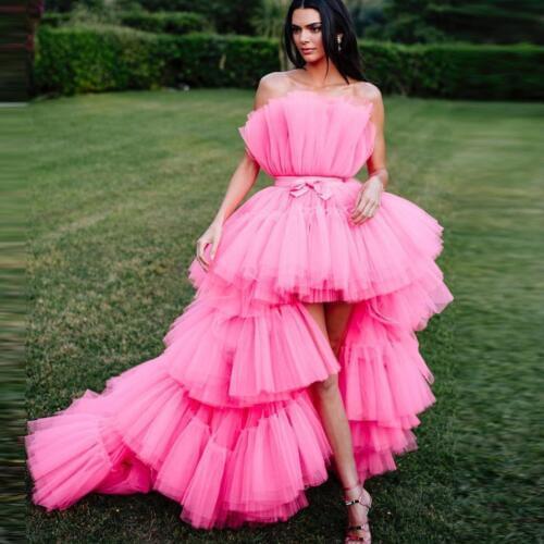 2019 New High low Prom Dresses with Detachable Train Unique Tiered Tulle Skirt Evening Dress Hot Pink Fuchsia Formal Party Gowns