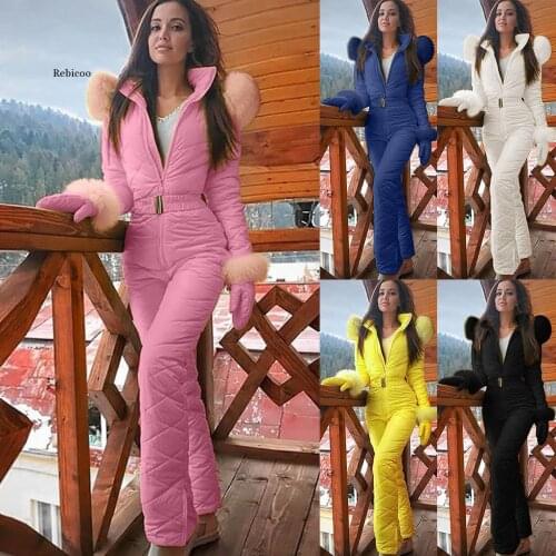 New Winter Jumpsuits Hooded Parka Women Ski Tracksuits Ski Suit Straight Zipper One Piece Women Goose Feather Jumpsuits