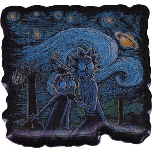 Rick Morty Starry Night Parody Funny Poster Enamel Pin Adult Science Cartoon Brooch Van Gogh Painting Art Gift