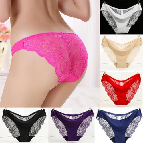 Sexy Lace + Ice Silk Hollow Out Floral G-string Briefs Panties Female Lingerie Underwear Knickers