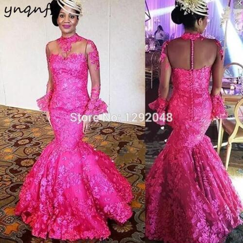 YNQNFS M170 Elegant Illusion High Neck Long Sleeve Fuchsia Formal Dress Mermaid Lace Mother of the Bride Groom Dresses 2019