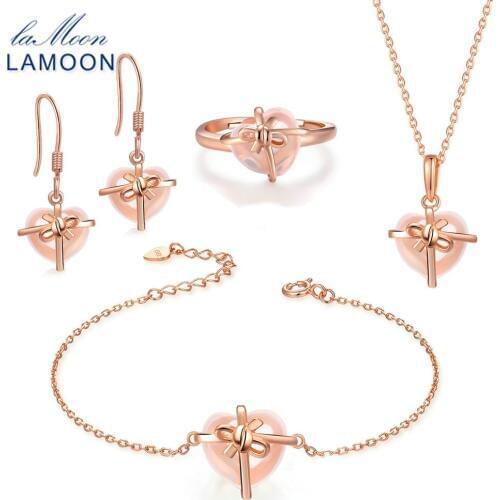 LAMOON Sterling Silver 925 Jewelry Sets Rose Quartz Gemstone 18K Rose Gold Plated Fine Jewelry Gift set For women V028-B-1