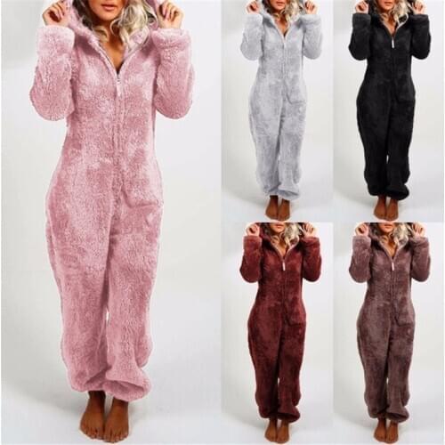 Women Winter Cute Plush One-Piece Pajama Solid Hooded Long-Sleeves Zipper Pajama with Bear Ears