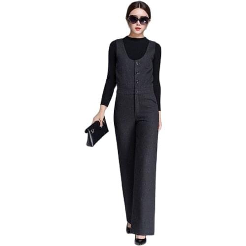 High Quality Women Woolen Overalls Jumpsuit For Autumn Winter OL Black Gray High Waist Office Lady Suit Set Business Warm Suit