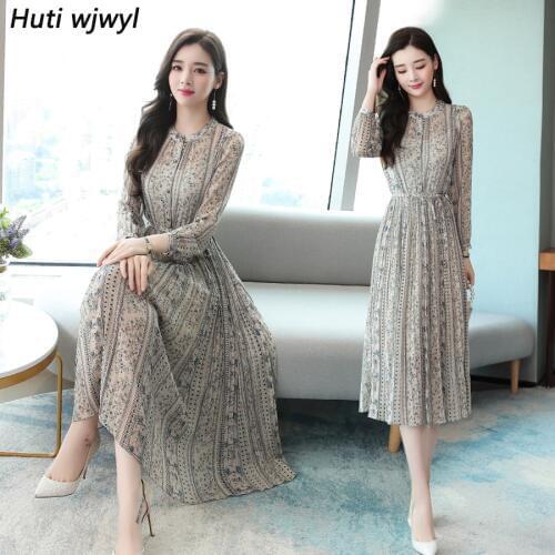2021 Vintage Chic Print Chiffon Midi Dresses Autumn Winter New Plus Size Long Sleeve Dress Elegant Women Bodycon Party Vestidos