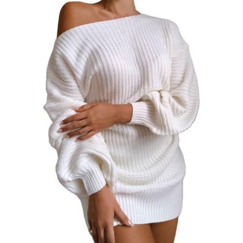 2021 Autumn Women Sweater Dress One Shoulder Knitted Above Knee Lantern Sleeve Mini Dress Vestidos