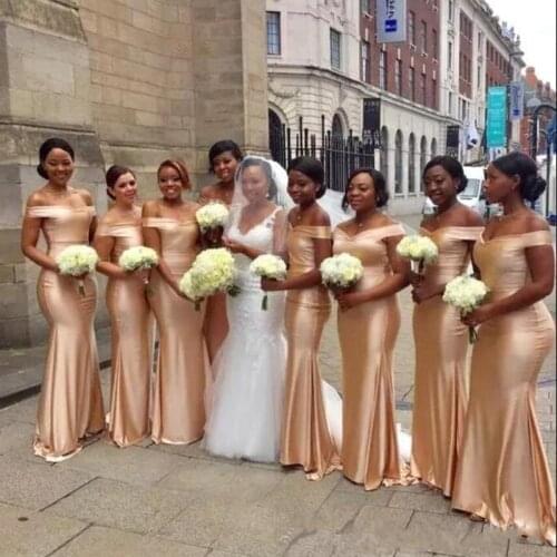 Gold Mermaid Bridesmaids Dresses Off The Shoulder Sleeveless Zipper Wedding Guest Gowns Black Girl Maid Of the honor Dress