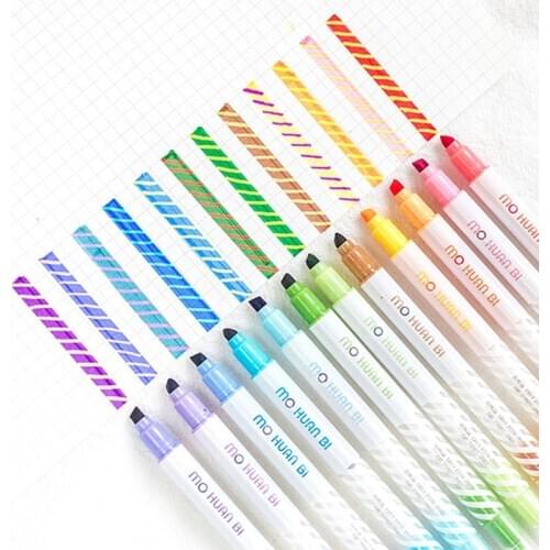 12 Pcs/pack Magic Discoloration Double-Headed Highlighters Art Markers Fluorescent Color Pen Fine Liner School Office Stationery