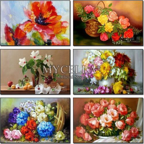 5D Diy Diamond Painting Rose Flower Basket Needlework Cross Stitch Crystal Full Round Rhinestone Diamond Mosaic Embroidery Decor
