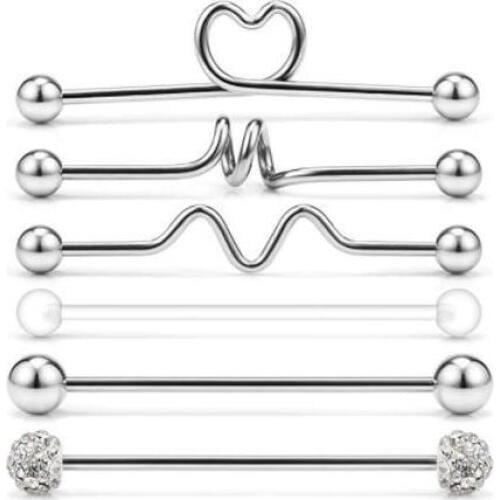 6 Pieces Mix Style Stainless Steel Spike Arrow Long Industrial Barbell Piercing Crystal Ball soft Ear Piercing Jewelry