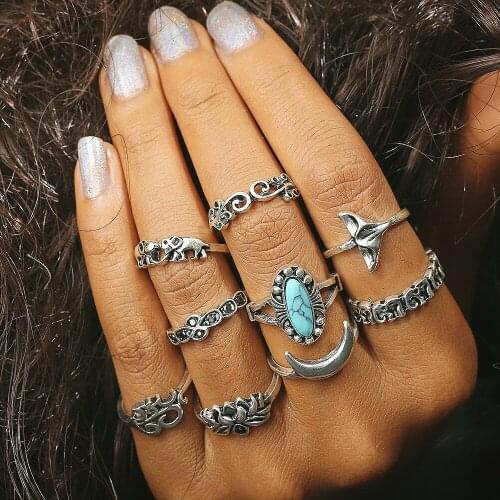 9 pcs/Set Midi Ring Sets Knuckle Rings Women Antique Silver Color Elephant Animal Hollow Flower Moon Fish Tail Finger Jewelry