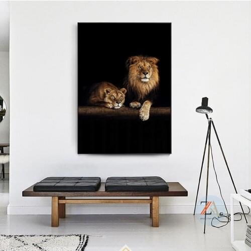 African wild lion family canvas art posters and prints animals painting animal pictures on dark canvas