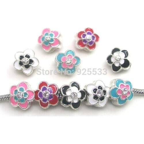 Free shipping 12mm 50pcs silver color oil-drip double flower alloy mix color rhinestone big hole beads fit European bracelet DIY