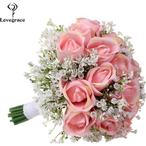 Lovegrace Bouquet Bride Wedding Bouquet Artificial Silk Rose Flower Fake Baby’s Breath Pink Nosegay Party Prom Wedding Supplies