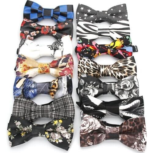 Brand New Mens PU Leather Plaid Bowtie Fashion Men Wedding Bow Ties Flower Panda Fashion Casual Bowties for Men Accessories