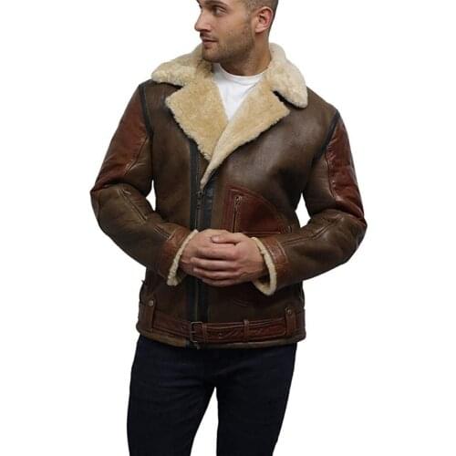 Mens shearling leather jacket bomber flying pilot lamb wool coat lapel motorcycle jacket mens asymmetrical PU leather jacket