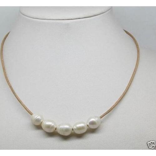 Natural 10-11mm Big White Cultural Pearl Necklace Leather Chain Growing String