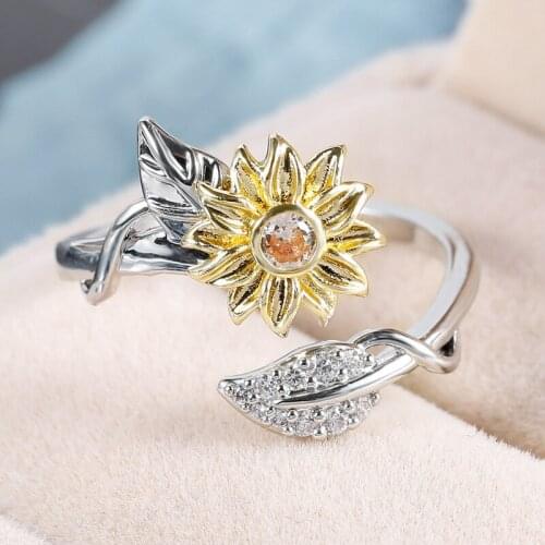 2021 New Fashion Sunflowers Ring Double Color Adjustable Ring For Woman Cute Finger Embellish Valentines Day Lovers Gift Jewelry