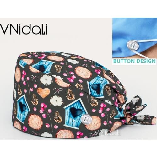 Wholesale High Quality cartoon print sweat-absorbent Scrub hat Beautician cute hat spa lab men and women with button Scrub caps