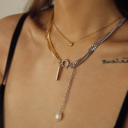 Timeless Wonder Glam Natural Pearl 2 Tone Chains Necklace Women Jewelry Punk Ins Trendy Boho Kpop Designer Party Goth Paris 5412