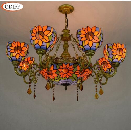 6 8 heads Living room dining room bedroom Crystal Chandelier Stained glass Restaurant decorate Sunflower Garden Pendant lamps