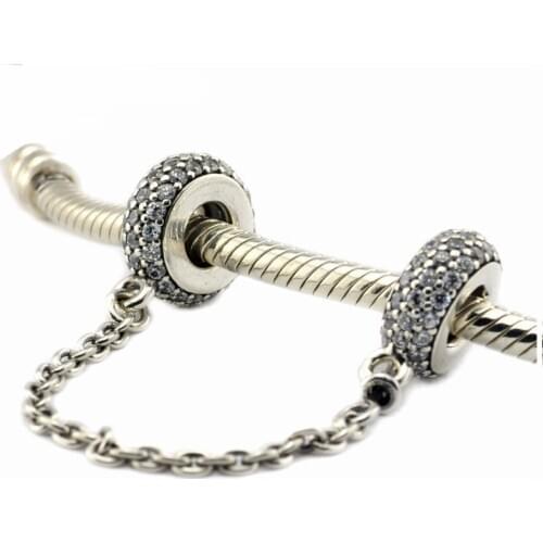 Clear CZ Inspiration Safety Chain Silver 925 Charm Beads For Jewelry Making 925 Sterling Silver Crystal Beads Fit Charm Bracelet