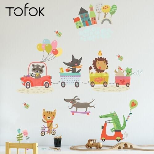 Tofok PVC Animal Trains Driving Car DIY Decorative Sticker Baby Kids Nursery Cartoon Mural Decals Removable Home Sticker